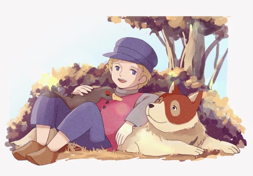1boy :d a_dog_of_flanders bird blue_eyes bown_footwear day duck hat nello_(a_dog_of_flanders) open_mouth outdoors petrasche_(a_dog_of_flanders) pocco1224 sitting smile