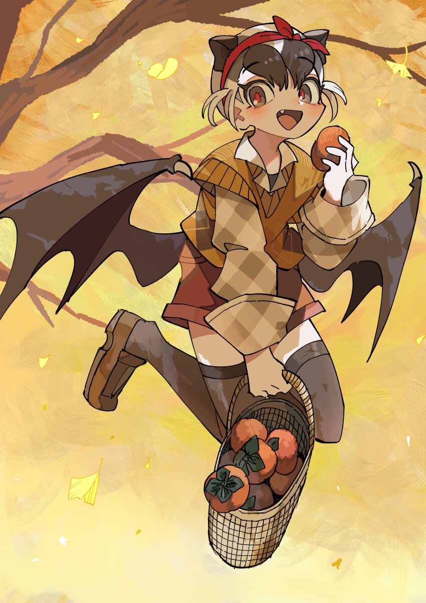 1girl absurdres animal_ears autumn autumn_leaves bat_ears bat_girl bat_wings black_hair black_thighhighs blush bow brown_shirt brown_shoes casual collared_shirt daito_fruit_bat_(kemono_friends) extra_ears fang flying food fruit fruit_basket grey_eyes grey_hair hair_bow highres kanmoku-san kemono_friends kemono_friends_3 leaf loafers long_sleeves multicolored_hair official_alternate_costume open_mouth plaid_clothes plaid_shirt plaid_sweater_vest red_bow red_eyes red_shorts shirt shoes short_hair short_shorts shorts smile solo sweater_vest thighhighs white_hair wings yellow_sweater_vest zettai_ryouiki