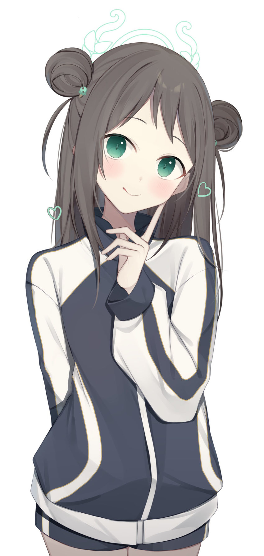 1girl :q absurdres airi_(blue_archive) black_jacket blue_archive blush brown_hair commentary double_bun green_eyes green_halo hair_bun halo hanasaki_rin heart highres jacket long_sleeves looking_at_viewer side_up_bun simple_background sleeves_past_wrists solo tongue tongue_out white_background