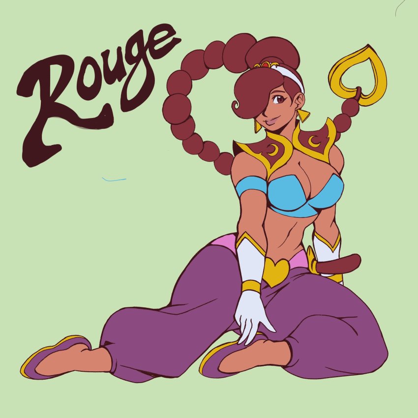 1girl arabian_clothes braid braided_ponytail breasts brown_eyes brown_hair capcom character_name cleavage dark-skinned_female dark_skin gloves hair_ornament hair_over_one_eye harem_pants highres large_breasts long_hair navel pants power_stone rouge_(power_stone) sitting smile spoonshark sword very_long_hair weapon