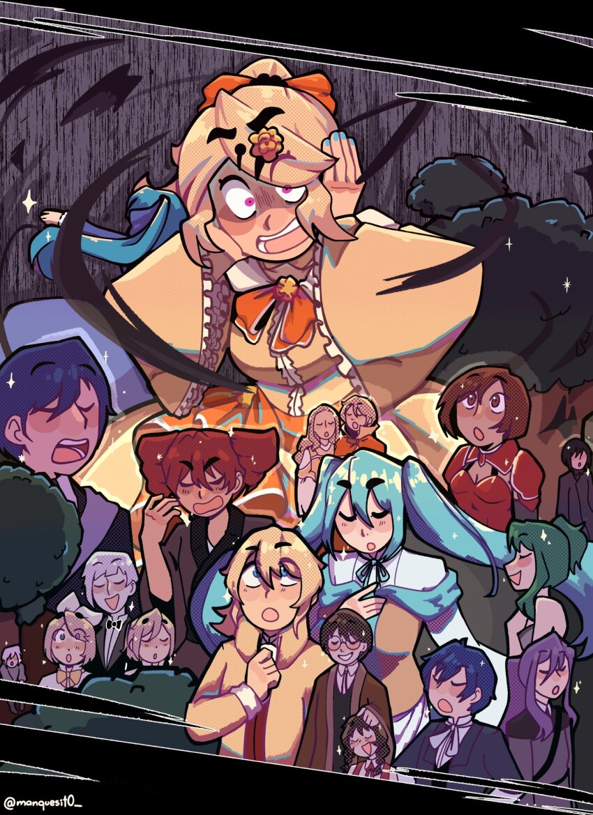 6+boys 6+girls allen_avadonia anniversary aqua_hair armor arte_(evillious_nendaiki) arth_lucifen_d&#039;autriche black_hair blonde_hair blue_eyes blue_hair blush_stickers brown_hair chartette_langley clockworker&#039;s_doll closed_eyes commentary covering_own_ears darkness english_commentary evillious_nendaiki forest germaine_avadonia glasses green_hair gumi gumina_glassred hand_on_own_chest hatsune_miku high_ponytail highres hiyama_kiyoteru kaai_yuki kagamine_len kagamine_rin kaito_(vocaloid) kamui_gakupo kasane_teto kaspar_blankenheim keel_freezis kiril_clockworker kyle_marlon lich_arklow ma_(evillious_nendaiki) manque master_of_the_heavenly_yard_(vocaloid) meiko_(vocaloid) michaela_(evillious_nendaiki) multiple_boys multiple_girls music nature nyoze_octo pink_eyes pollo_(evillious_nendaiki) ponytail possessed possession purple_hair red_armor red_hair riliane_lucifen_d&#039;autriche round_eyewear singing twitter_username vocaloid yukina_freezis