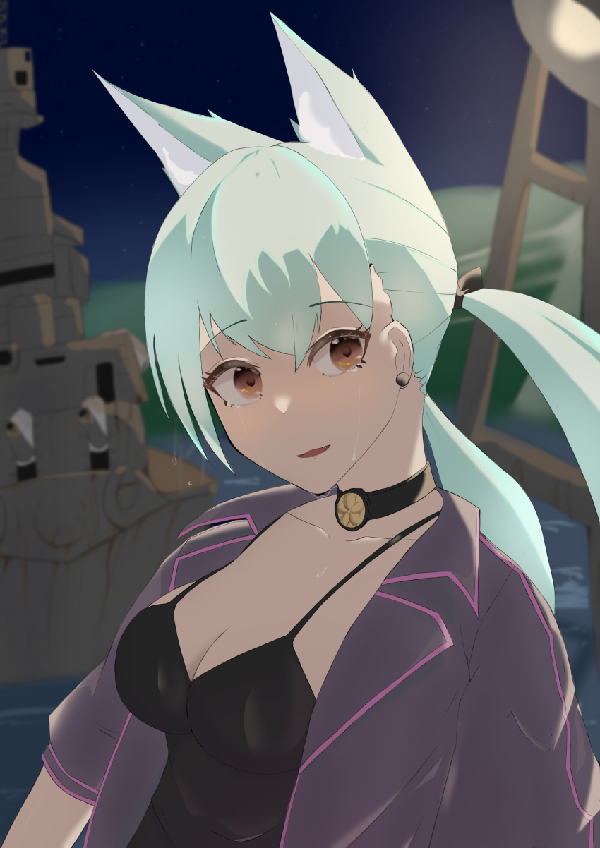 1girl absurdres animal_ears aoba_(azur_lane) aqua_hair azur_lane black_choker black_tank_top breasts brown_eyes choker cleavage ear_piercing highres jacket long_hair medium_breasts nagatokks open_clothes open_jacket piercing purple_jacket rigging sakuramon short_sleeves solo spaghetti_strap tank_top tears twintails upper_body water