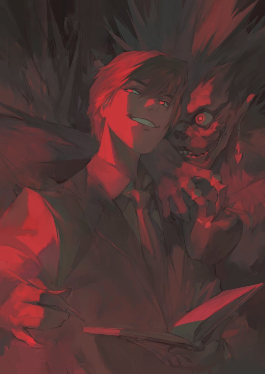 2boys apple collared_shirt death_note death_note_(object) earrings food fruit grin highres holding holding_food holding_fruit holding_notebook jacket jewelry leonardo_vincent long_hair male_focus monochrome multiple_boys necktie notebook ryuk shirt short_hair smile teeth yagami_light