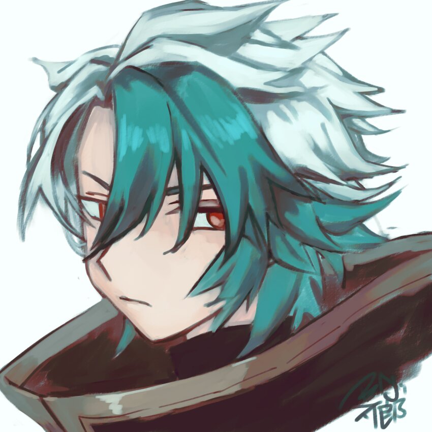 1boy absurdres closed_mouth deus_prometheus_(grimms_notes) green_hair grimms_notes hair_over_one_eye highres looking_to_the_side male_focus momomogeta red_eyes signature solo spiked_hair upper_body white_background white_hair