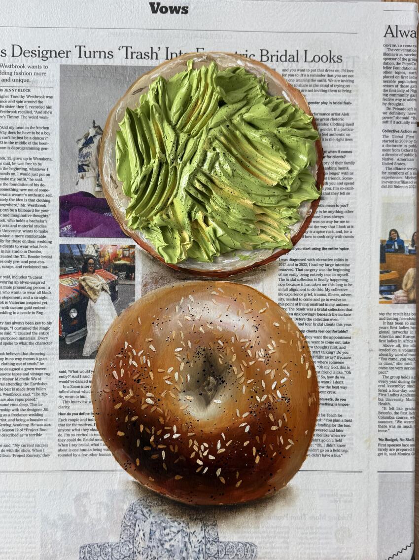 absurdres avocado bagel food food_focus highres impasto julia_stankevych newspaper no_humans oil_painting_(medium) original painting_(medium) photo_(medium) realistic sesame_seeds signature still_life traditional_media wall_of_text