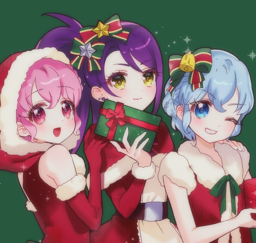 1boy ;d bell blue_eyes blue_hair box brother_and_sister capelet christmas chuu0105 commentary_request crossdressing crossdressing_(mtf) dorothy_west dress elbow_gloves fur-trimmed_capelet fur-trimmed_dress fur-trimmed_gloves fur_trim gift gift_box gloves green_background green_ribbon hand_on_another&#039;s_shoulder highres holding holding_gift hood hood_up jingle_bell korean_commentary long_hair looking_at_viewer mole mole_under_eye neck_ribbon one_eye_closed open_mouth pink_eyes pink_hair pretty_series pripara purple_hair red_capelet red_dress red_gloves reona_west ribbon santa_costume santa_dress short_hair siblings side_ponytail simple_background smile sparkle toudou_shion trap twins upper_body yellow_eyes