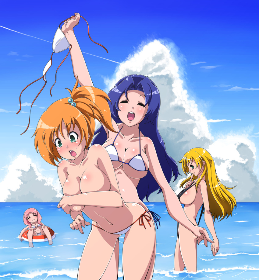 4girls :3 =_= alternate_color alternate_costume assisted_exposure bare_shoulders barefoot beach bikini blonde_hair blue_hair blush body_blush bow bra breast_hold breasts cameltoe casual_one-piece_swimsuit cleavage clothes_theft cloud covered_erect_nipples covering_breasts covering_privates daisy_(pokemon) day embarrassed fat_mons feet green_eyes gym_leader hair_bobbles hair_bow hair_ornament hat highres huge_breasts innertube jacket large_breasts leaning_forward legs lily_(pokemon) long_hair looking_back lowleg lowleg_bikini micro_bikini misty_(pokemon) multiple_girls navel nintendo ocean one-piece_swimsuit open_mouth orange_hair outdoors panties partially_submerged pink_hair pokemon pokemon:_the_electric_tale_of_pikachu pokemon_(anime) pokemon_(classic_anime) ponytail red_hair satsuki_imonet shiny_skin short_hair siblings side-tie_bikini_bottom side_ponytail sideboob sisters sky slingshot_swimsuit smile swim_ring swimsuit swimsuit_theft teasing theft toes topless_female underboob underwear unworn_bikini_top violet_(pokemon) wading water waves white_panties worried