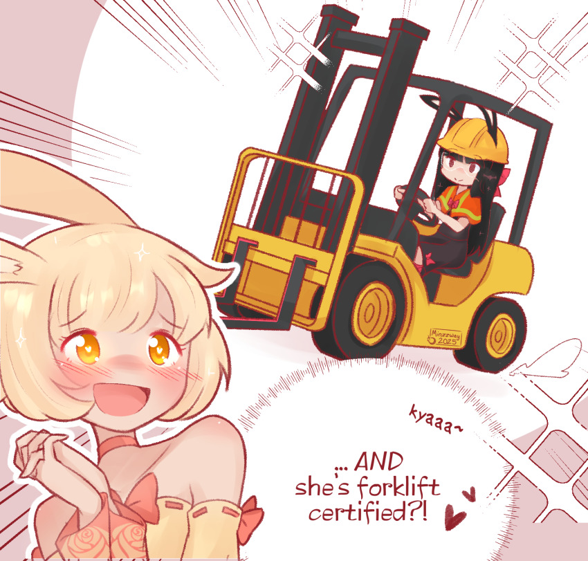2girls :d animal_ears black_hair black_skirt blonde_hair blush bow capelet choker commentary dancer_rabbit driving ears_through_headwear english_commentary english_text forklift forklift_certified_(meme) hard_hat heart heart-shaped_pupils heavyblade_rabbit helmet high-visibility_clothing highres long_hair meme minzzway multiple_girls open_mouth orange_bow orange_capelet orange_choker rabbit_and_steel rabbit_ears rabbit_girl ribbon-trimmed_sleeves ribbon_trim safety_glasses short_hair skirt smile sparkle symbol-shaped_pupils upper_body yellow_eyes yellow_sleeves
