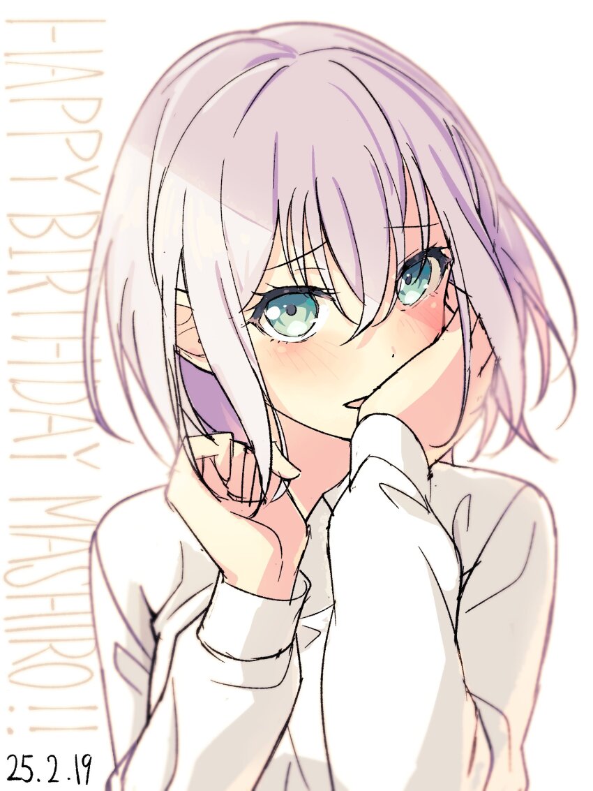 1girl absurdres bang_dream! blue_eyes blush dated hair_between_eyes happy_birthday highres kurata_mashiro long_sleeves looking_at_viewer nobusawa_osamu shirt solo upper_body white_hair white_shirt