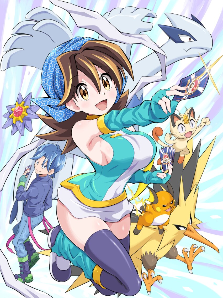 absurdres bandana breasts denim detached_sleeves fingerless_gloves gen_1_pokemon gen_2_pokemon gloves highres jeans large_breasts legendary_pokemon lugia meowth mint_(pokemon) nintendo pants pokemoa pokemon pokemon_(creature) pokemon_card pokemon_tcg pokemon_tcg_gb raichu ronald_(pokemon) shirt starmie thighhighs zapdos
