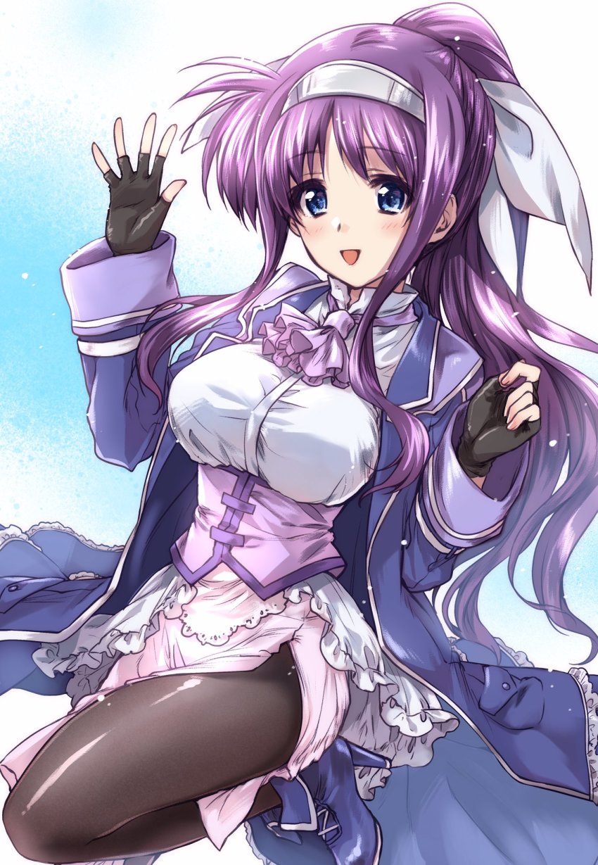 1girl aged_up ankle_boots ascot black_gloves black_pantyhose blue_boots blue_coat blue_eyes boots breasts coat commentary_request commission dress_shirt fingerless_gloves frills gloves hair_ribbon hairband hat high_collar high_heel_boots high_heels highres kuroi_mimei large_breasts leg_up legs light_particles long_coat long_hair long_sleeves looking_at_viewer lyrical_nanoha magical_girl mahou_shoujo_lyrical_nanoha_innocent medium_skirt open_mouth pantyhose pink_skirt ponytail purple_ascot ribbon shirt side_slit sidelocks skeb_commission skirt smile solo standing standing_on_one_leg tsukimura_suzuka underbust very_long_hair waving white_hairband white_ribbon white_shirt