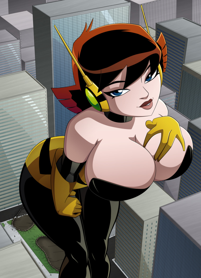 1girl bare_shoulders blue_eyes breasts choker cleavage curvy female_focus giant giantess gloves headphones highres huge_breasts janet_van_dyne lips looking_at_viewer marvel ravenravenraven short_hair solo thick_thighs thighs wasp_(marvel) wide_hips