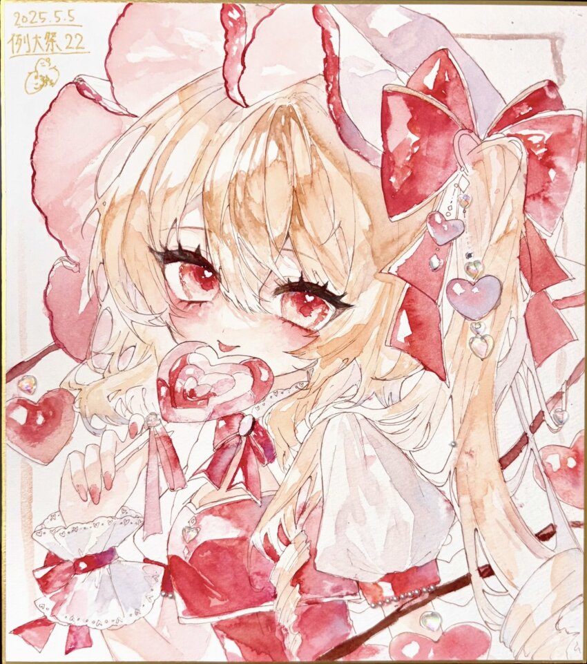 1girl blonde_hair candy commentary_request crystal_wings flandre_scarlet food hat heart heart-shaped_food heart-shaped_lollipop highres holding holding_candy holding_food holding_lollipop lollipop long_hair mob_cap pink_hat red_eyes red_shirt shaped_lollipop shikishi shirt side_ponytail simple_background solo touhou traditional_media upper_body white_background yukia_(yukia_777)