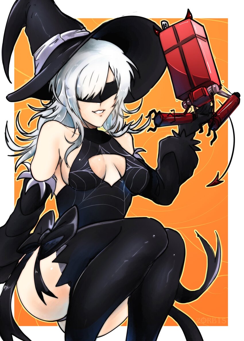 10h_(nier_reincarnation) 1girl bare_shoulders black_blindfold black_hat black_leotard black_thighhighs blindfold border breasts cleavage_cutout clothing_cutout commentary commission detached_sleeves english_commentary hair_over_one_eye halloween halloween_costume hat highres large_breasts leotard long_hair nier_(series) nier_reincarnation non-humanoid_robot orange_background outside_border pod_(nier:automata) robot smile solo thighhighs white_border white_hair zorb11s