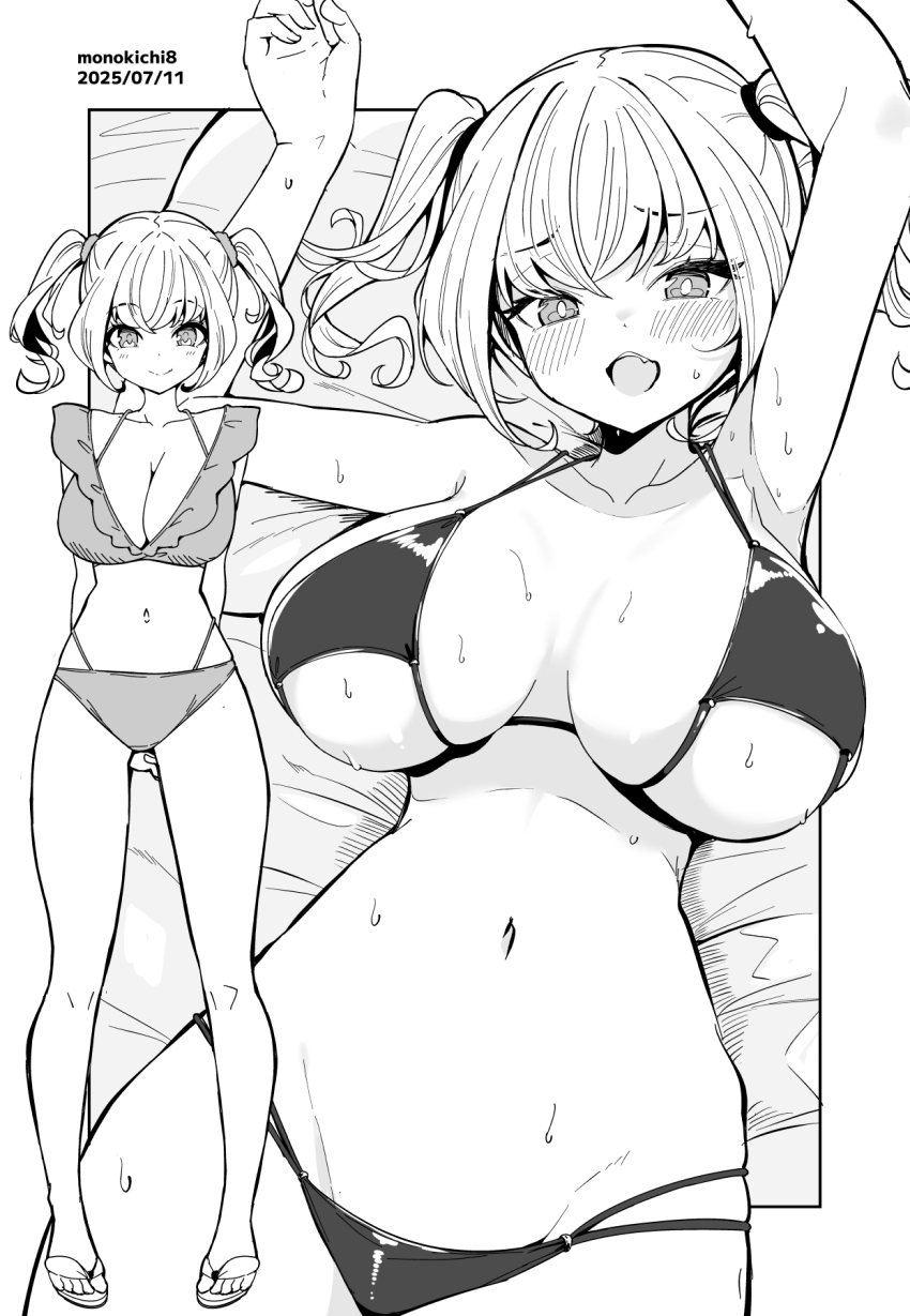 1girl artist_name bikini blush closed_mouth commentary_request dated full_body greyscale highres kichihachi looking_at_viewer lying monochrome multiple_views navel on_back open_mouth original sandals smile standing sweat swimsuit toes twintails