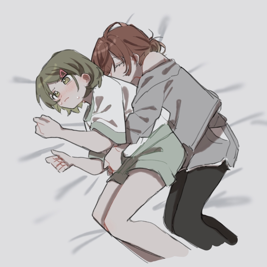 2girls aketa_mikoto aqua_shorts bare_legs bed_sheet black_pantyhose blush commentary_request cropped_legs grey_jacket grey_shorts highres hug hug_from_behind idolmaster idolmaster_shiny_colors jacket looking_ahead lying multiple_girls nanakusa_nichika nervous_sweating okome_(evur2724) on_side pantyhose shirt shorts sleeping sweat white_shirt yuri