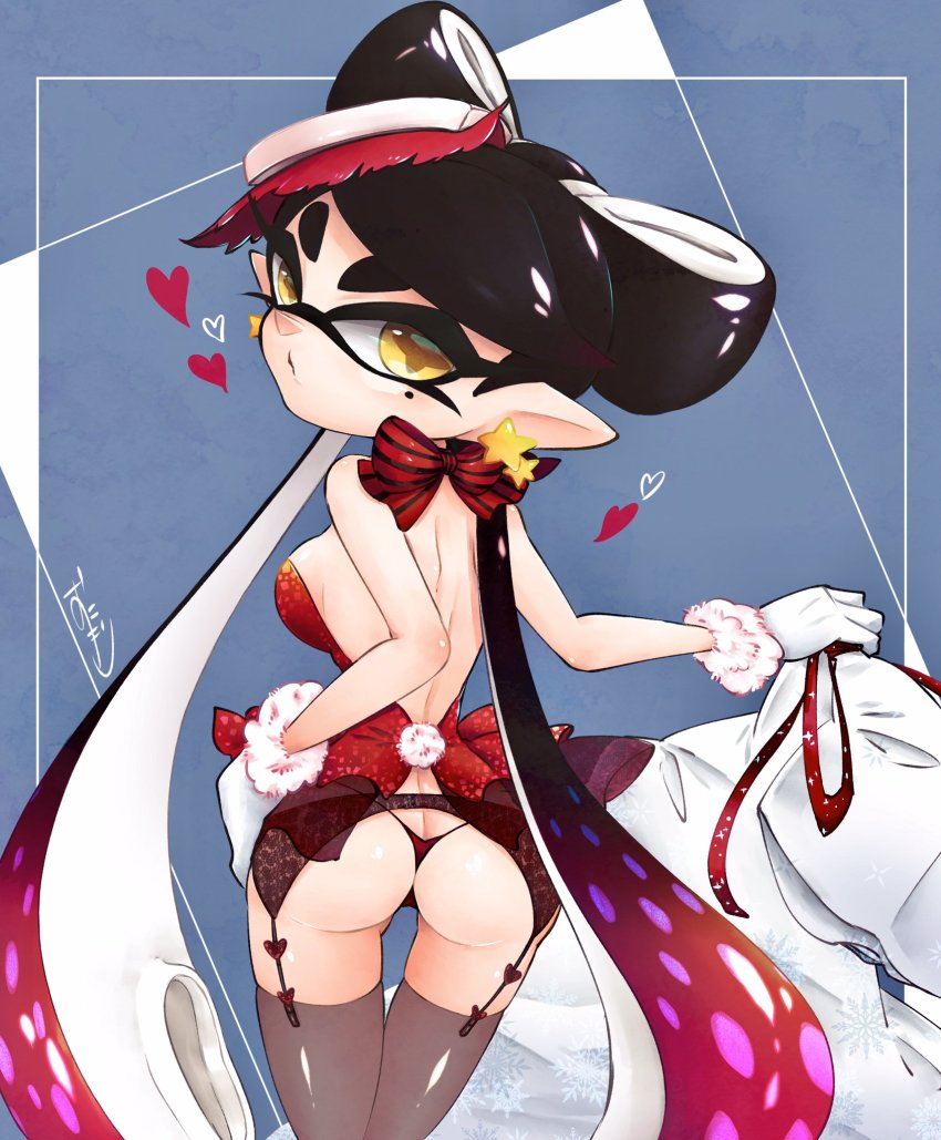 +_+ 1girl alternate_costume artist_name ass back backless_outfit black_garter_belt black_hair black_panties blouse breasts butt_crack callie_(splatoon) christmas closed_mouth commentary cowboy_shot earrings from_behind fur-trimmed_gloves fur_trim garter_belt gloves gradient_hair grey_thighhighs halterneck heart highres inkling jewelry long_hair looking_at_viewer looking_back mole mole_under_eye multicolored_hair nintendo okome_2g2g oversized_object panties pointy_ears red_hair red_shirt sack shirt signature small_breasts solo splatoon_(series) standing star_(symbol) star_earrings symbol-only_commentary tentacle_hair thigh_gap thighhighs thong underwear very_long_hair white_gloves yellow_eyes