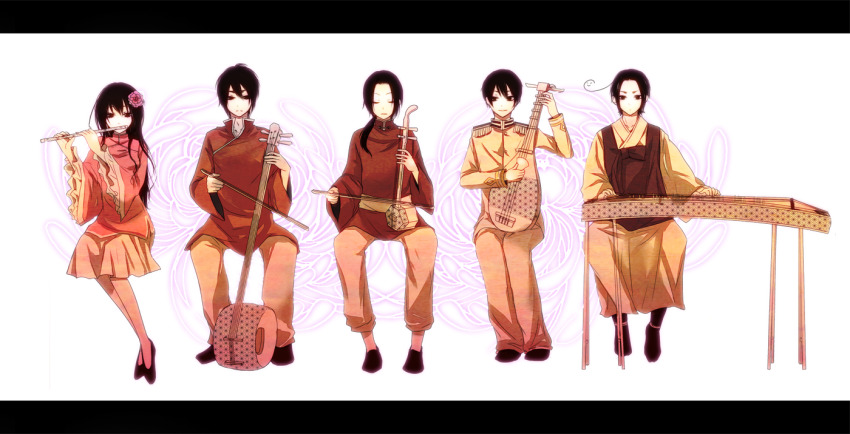 1girl 4boys axis_powers_hetalia baggy_pants black_border black_eyes black_footwear black_hair black_vest blunt_ends border bow_(music) chair changpao china_(hetalia) chinese_clothes clasp_aim closed_eyes closed_mouth commentary_request erhu flower flute full_body hair_flower hair_ornament hanbok hands_up holding holding_bow_(music) holding_erhu holding_flute holding_instrument hong_kong_(hetalia) instrument jacket japan_(hetalia) japanese_clothes korea_(hetalia) korean_clothes long_hair long_sleeves looking_at_another lute_(instrument) mandarin_collar military_jacket military_uniform multiple_boys music pants pink_flower pink_pants pink_shirt pink_skirt playing_instrument ponytail red_shirt shamisen shirt shoes short_hair sitting skirt smile taiwan_(hetalia) vest white_hanbok white_jacket wide_sleeves zither