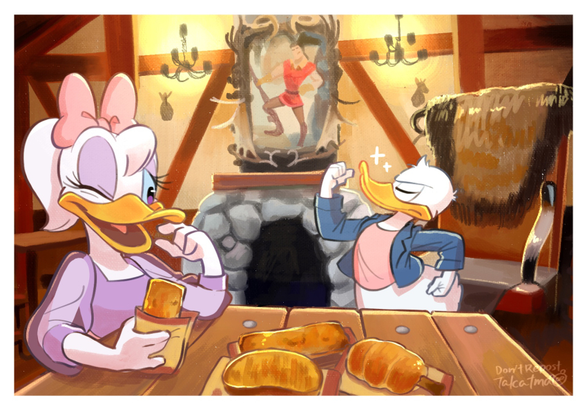 1boy 1girl beauty_and_the_beast_(disney) bow company_connection couple daisy_duck disney disneyland donald_duck dress duck_boy duck_girl furry furry_female furry_male furry_with_furry gamorangetana gaston hetero mickey_mouse_&amp;_friends open_mouth pink_bow purple_dress purple_eyes shirt smile takatmaorange translation_request