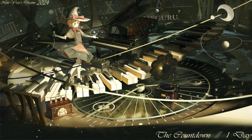 1girl absurdres apron artist_request atom black_capelet black_gloves black_hat black_shirt black_skirt blue_eyes bow bowtie braid bright_pupils brown_apron capelet clock commission cookie_(touhou) elbow_gloves floating_stairs full_body gloves grand_piano hair_bow hat hat_bow highres holding holding_microphone incredibly_absurdres instrument kirisame_marisa meguru_(cookie) microphone pantyhose phonograph piano red_bow red_bowtie roman_numeral second-party_source shirt short_hair side_braid single_braid skirt solo surreal touhou waist_apron white_pantyhose white_pupils witch_hat