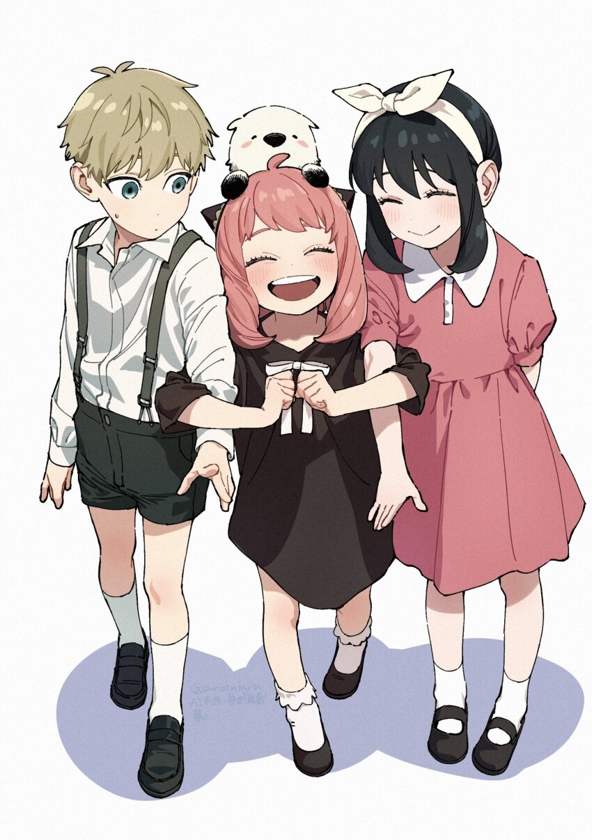 1boy 2girls ^_^ aged_down anya_(spy_x_family) black_dress black_hair black_shoes black_shorts blonde_hair blue_eyes bond_(spy_x_family) bow bow_hairband child closed_eyes collared_dress commentary_request dog dress facing_viewer family father_and_daughter full_body hairband highres locked_arms looking_at_another mother_and_daughter multiple_girls p_notninjin pink_dress pink_hair shadow shirt shirt_tucked_in shoes shorts simple_background socks spy_x_family suspender_shorts suspenders sweat teeth time_paradox twilight_(spy_x_family) twitter_username upper_teeth_only white_background white_bow white_hairband white_shirt white_socks yor_briar
