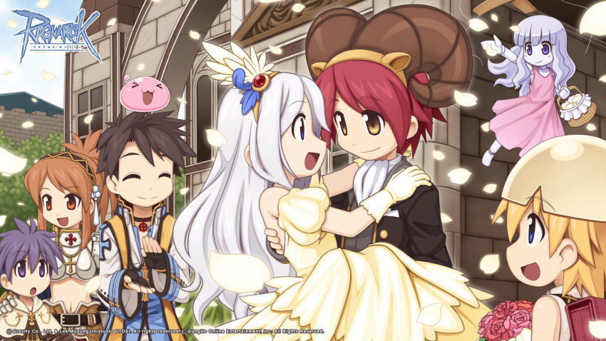 3boys 4girls :3 :d :o arch_bishop_(ragnarok_online) armor ascot backpack bag black_choker black_gloves black_hair black_hairband black_jacket blonde_hair blue_coat blue_eyes boobplate bouquet breastplate bride brown_eyes brown_hair brown_horns capelet carrying choker church clapping closed_mouth coat copyright_notice cropped_jacket cross cross_choker cross_necklace cross_of_prontera curled_horns doll_joints dress eggshell_hat fake_horns feet_out_of_frame fingerless_gloves flower gloves grey_hair grey_shirt groom hairband hand_on_another&#039;s_shoulder hetero high_ponytail highres holding holding_bouquet horns husband_and_wife jacket jewelry joints logo long_hair long_sleeves looking_at_another marionette marionette_(ragnarok_online) multiple_boys multiple_girls navel necklace novice_(ragnarok_online) official_art official_wallpaper open_mouth paladin_(ragnarok_online) petals pink_dress pink_flower pink_rose ponytail poring princess_carry puppet purple_eyes purple_hair ragnarok_online red_hair rose shirt short_hair sleeveless sleeveless_dress slime_(creature) smile strapless strapless_dress swordsman_(ragnarok_online) tree wedding wedding_dress white_ascot white_capelet white_jacket yellow_dress yellow_gloves yellow_hairband yuichirou