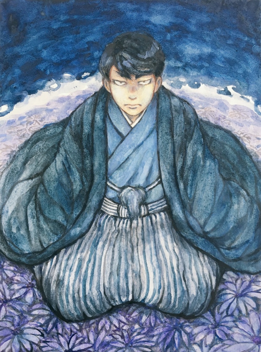 1boy black_eyes black_hair blue_kimono flower full_body hakama highres japanese_clothes kimono looking_at_viewer male_focus mtmr_0721 sangatsu_no_lion seiza shigeta_morio short_hair sitting solo