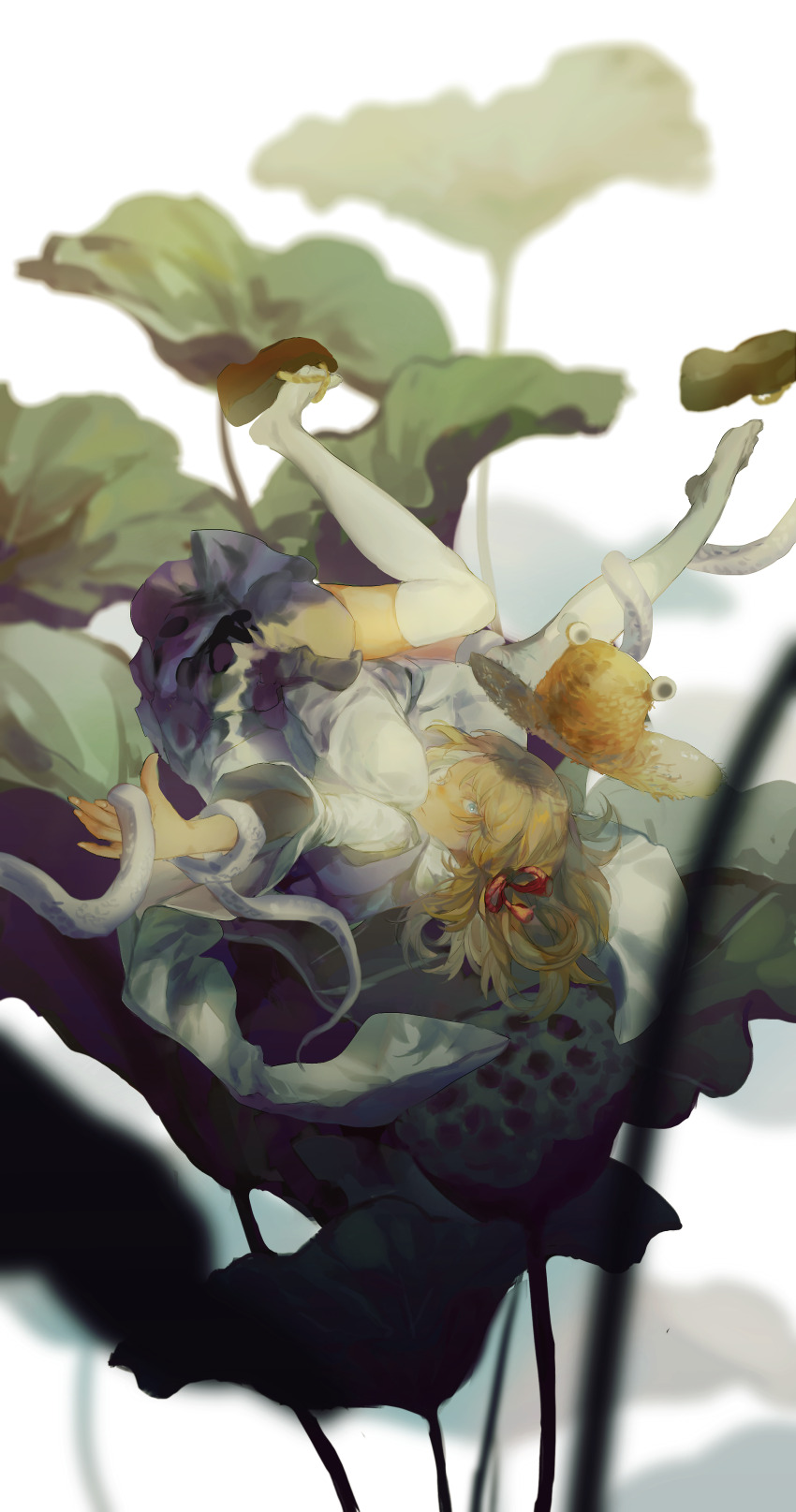 1girl absurdres blonde_hair blue_eyes cui_(jidanhaidaitang) flower hair_ribbon hat highres looking_at_viewer lotus lotus_leaf mishaguji moriya_suwako purple_skirt purple_vest ribbon shoe_dangle shoe_loss skirt snake solo tabi thighhighs touhou vest white_thighhighs