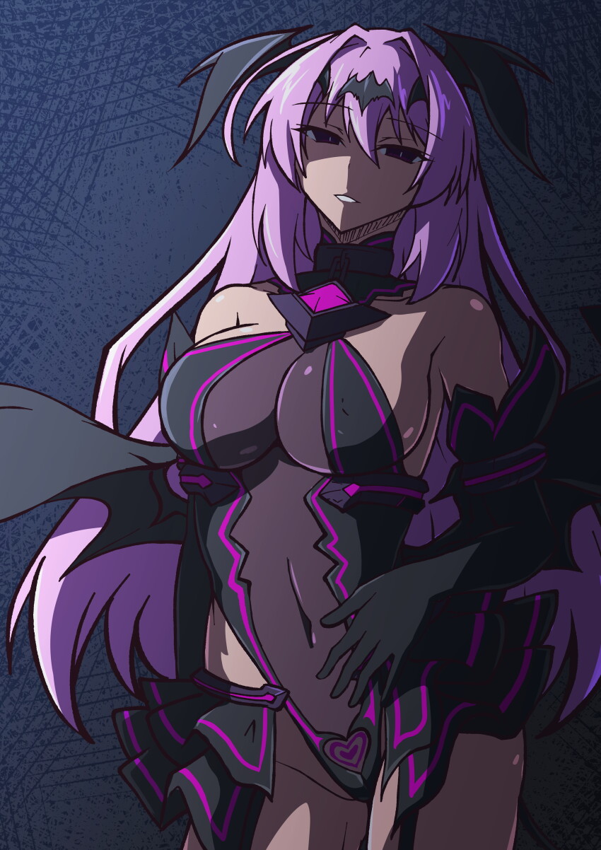 1girl absurdres aoi_tabane bare_shoulders black_gloves breasts cleavage corruption covered_navel dark_persona elbow_gloves empty_eyes evil_smile gloves hair_ornament highres katsuragi_marina kouyoku_senki_exs-tia large_breasts leotard liberator_(kouyoku_senki_exs-tia) long_hair looking_at_viewer mind_control pubic_tattoo purple_eyes purple_hair see-through_clothes skirt smile solo tattoo wings