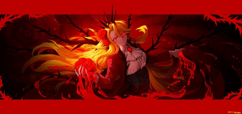 1girl absurdres ascot black_corset black_crown blonde_hair blood center_frills coat corset crown don_quixote_(project_moon) flower frills highres limbus_company long_hair long_sleeves looking_at_viewer parted_bangs project_moon red_coat red_flower red_rose rose sancho_(project_moon) shirt solo very_long_hair white_ascot white_shirt yatsumeunagi yearning-mircalla_(e.g.o)