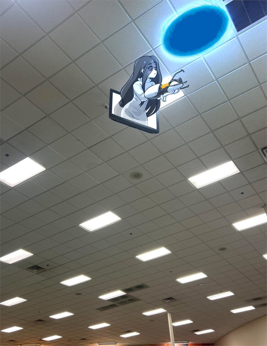 1girl aperture_science_handheld_portal_device arm_cannon black_hair colored_skin commentary dress english_commentary fluorescent_lamp highres long_hair meme mochi_(chain_csn) photo_background portal_(object) portal_(series) robe the_ring watching_the_ring_video_on_this_so_when_the_girl_comes_out_she_breaks_her_neck_(meme) weapon white_dress white_robe white_skin yamamura_sadako