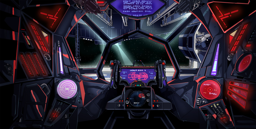 buttons cockpit flight_stick galactic_empire_(star_wars) hangar heads-up_display highres scenery science_fiction screen space spacecraft spacecraft_interior star_(sky) star_destroyer star_wars starfighter tie_bomber tie_fighter user_interface window