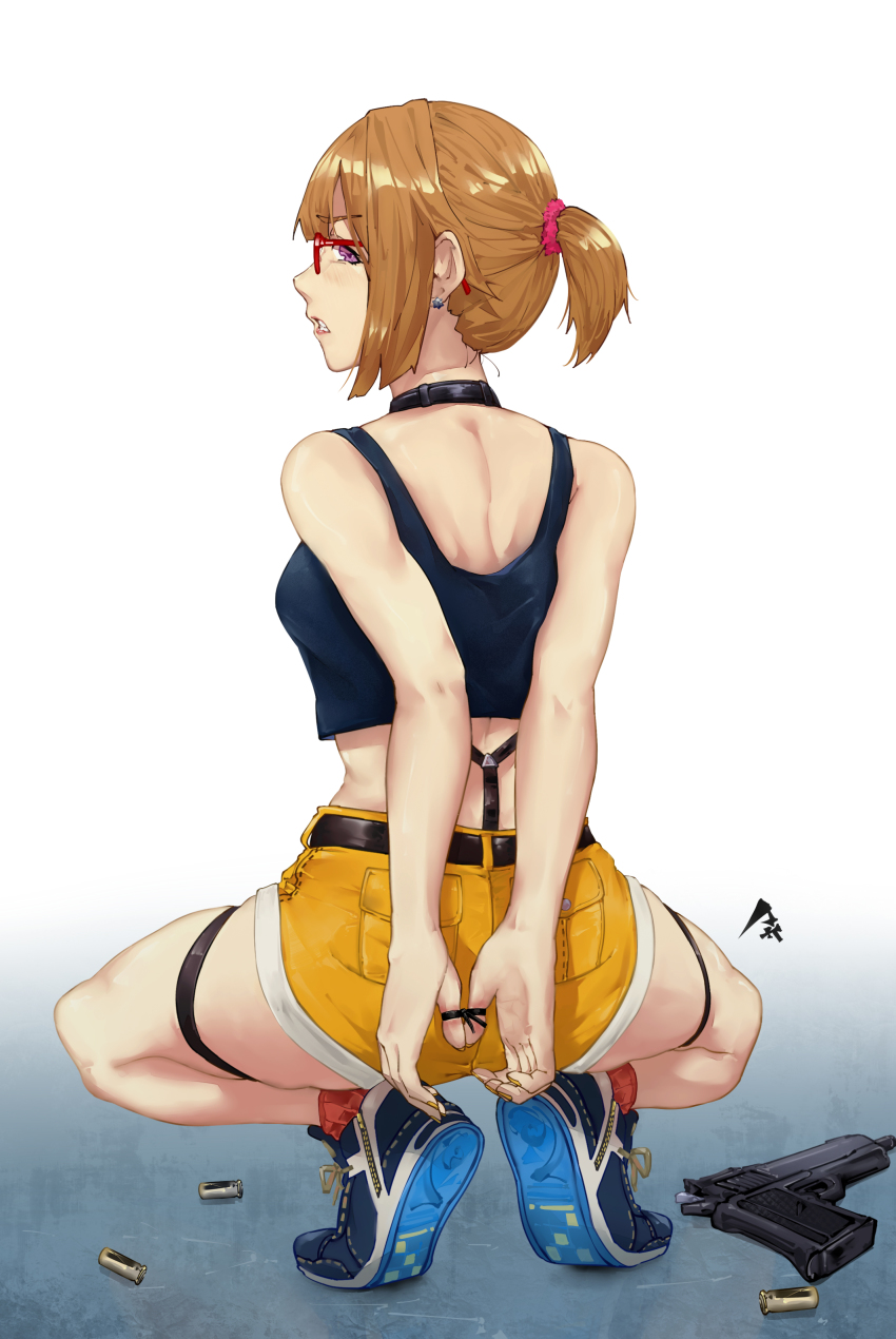 .50_action-express 1girl absurdres action_arms arms_behind_back bdsm blue_footwear bondage bound breasts shell_casing choker commercial_cartridge commission cuffs earrings from_behind full_body girls&#039;_frontline glasses grizzly_mkv_(girls&#039;_frontline) grizzly_mkv_(weekend_cop)_(girls&#039;_frontline) gun hair_ornament hair_scrunchie handcuffs handgun handgun_cartridge highres jewelry l.a.r._manufacturing lar_grizzly_win_mag looking_back magnum_cartridge official_alternate_costume pick&#039;k pistol_cartridge ponytail purple_eyes restrained scrunchie second-party_source short_hair short_ponytail short_shorts shorts skindentation socks squatting tank_top thigh_strap weapon yellow_shorts