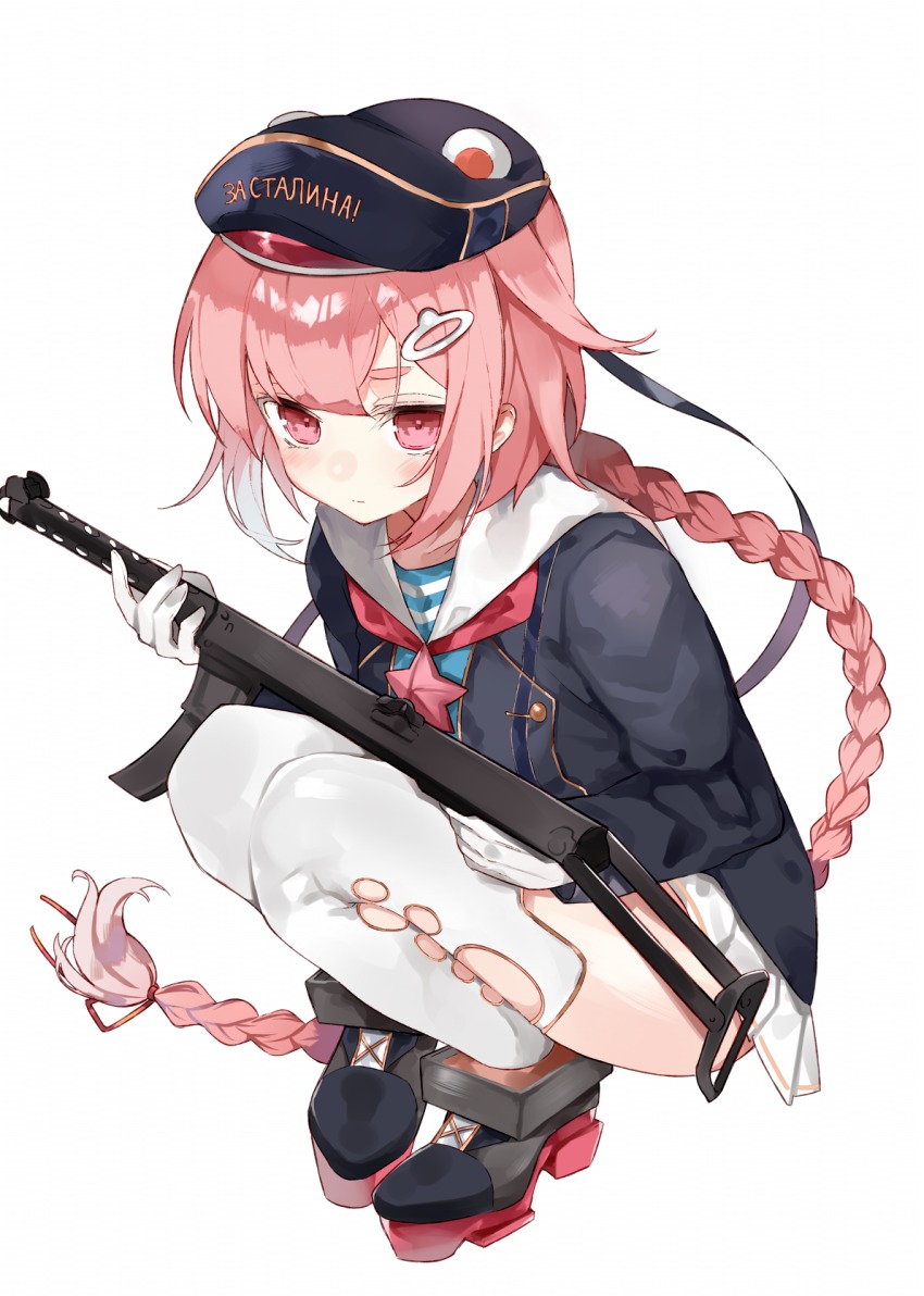 1girl animal_hat bad_id bad_pixiv_id blush braid clothes_writing commentary female_focus full_body girls&#039;_frontline gloves gun hair_ornament hair_ribbon hairclip hasegawa_(rarairairai) hat highres holding holding_gun holding_weapon jacket long_hair long_sleeves looking_at_viewer pink_eyes pink_hair pleated_skirt pps-43 pps-43_(girls&#039;_frontline) ribbon sailor_collar sailor_hat shirt shoes simple_background single_braid skirt solo squatting star_(symbol) striped_clothes striped_shirt submachine_gun telnyashka thighhighs very_long_hair weapon white_background white_gloves white_thighhighs