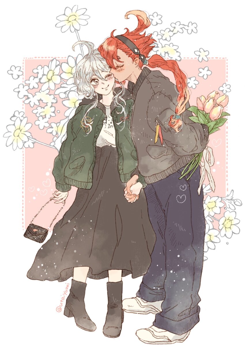 2girls ahoge artist_name bag blush boots bouquet closed_eyes coat flower grey_eyes gundam gundam_suisei_no_majo hairband highres holding holding_bag holding_bouquet holding_hands interlocked_fingers jacket kiss kissing_cheek long_hair miorine_rembran multiple_girls pants ponytail red_hair scrunchie shoes simple_background skirt smile suletta_mercury utai_yumi white_background white_hair yuri