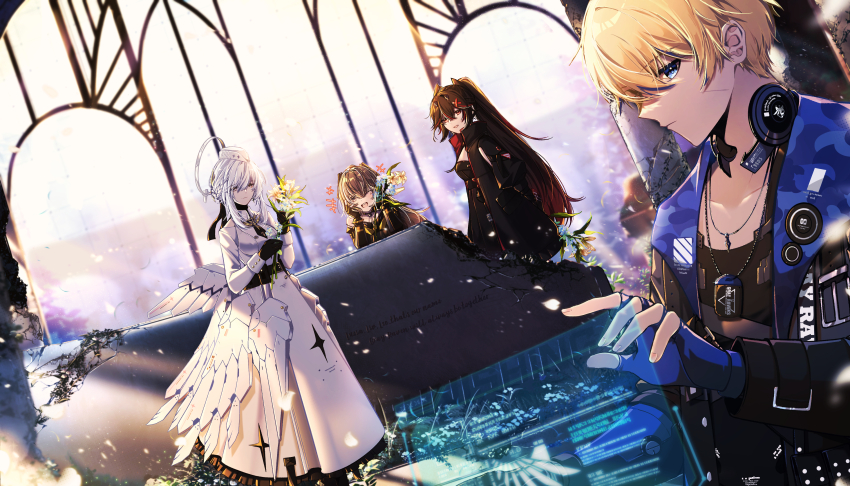 1boy 3girls absurdres dochikun flower_bouquet highres image_sample indoors lee:_entropy_(pgr) lee_(pgr) liv:_empyrea_(pgr) liv_(pgr) looking_at_viewer lucia:_plume_(pgr) lucia_(pgr) multiple_girls nanami:_storm_(pgr) nanami_(pgr) pixiv_sample punishing:_gray_raven