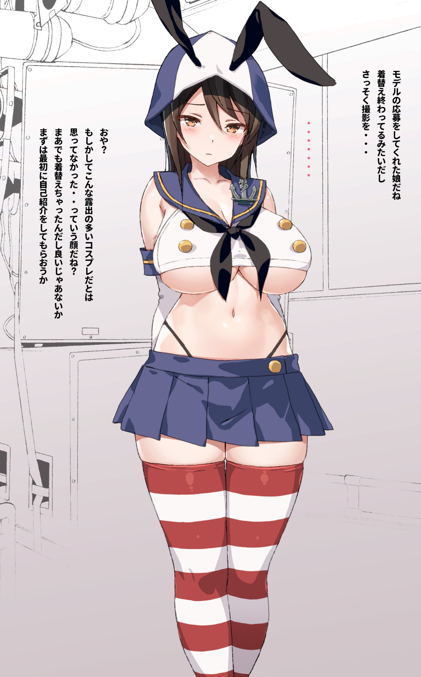 1girl absurdres animal_ears arms_behind_back blue_skirt breasts brown_eyes brown_hair cleavage collarbone commentary_request cosplay crop_top elbow_gloves fake_animal_ears girls_und_panzer gloves highleg highres kantai_collection long_hair mika_(girls_und_panzer) miniskirt monochrome_background nakamura_yukitoshi navel panties pleated_skirt rabbit_ears shimakaze_(kancolle) shimakaze_(kancolle)_(cosplay) skirt standing stomach striped_clothes striped_thighhighs thighhighs thighs translation_request underboob underwear variant_set white_gloves