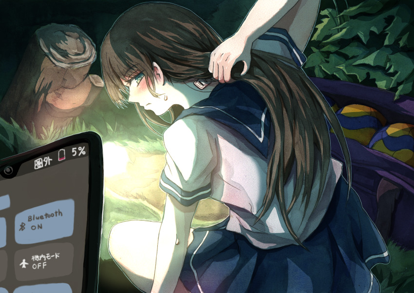 1girl absurdres adjusting_hair android bag ball battery_indicator blue_sailor_collar blue_skirt bluetooth_symbol blush brown_hair bush cellphone closed_mouth commentary_request duffel_bag electrical_outlet grass green_eyes hand_in_own_hair highres log long_hair looking_at_viewer night open_bag original phone pleated_skirt profile purple_bag sailor_collar school_uniform serafuku shirt short_sleeves skirt smartphone solo spotlight squatting sweatdrop tsuchiyamashige volleyball_(object) white_shirt