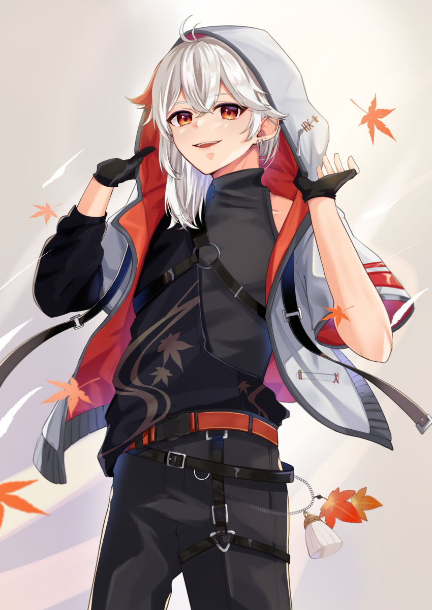 1boy belt black_gloves black_pants black_shirt black_sleeves ear_piercing earrings fingerless_gloves genshin_impact gloves grey_hair hair_between_eyes highres hood hood_up jacket jewelry kaedehara_kazuha leaf long_hair looking_at_viewer male_focus maple_leaf marufus multicolored_hair open_mouth pants piercing red_belt red_eyes red_hair shirt short_sleeves single_sleeve smile solo streaked_hair white_hair white_hood white_jacket