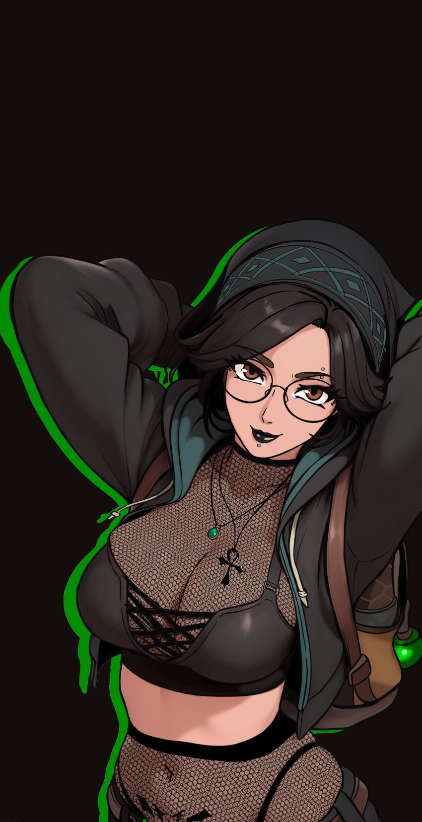 1girl absurdres ai-assisted ai_assis alma_(monster_hunter_wilds) alternate_costume black_background black_bra black_hair bra breasts brown_eyes chin_piercing cleavage eyebrow_piercing face_piercing fishnet_top fishnets glasses goth_fashion highres large_breasts looking_at_viewer monster_hunter_(series) monster_hunter_wilds multi-strapped_bra navel pantyhose piercing redpostit simple_background solo underwear