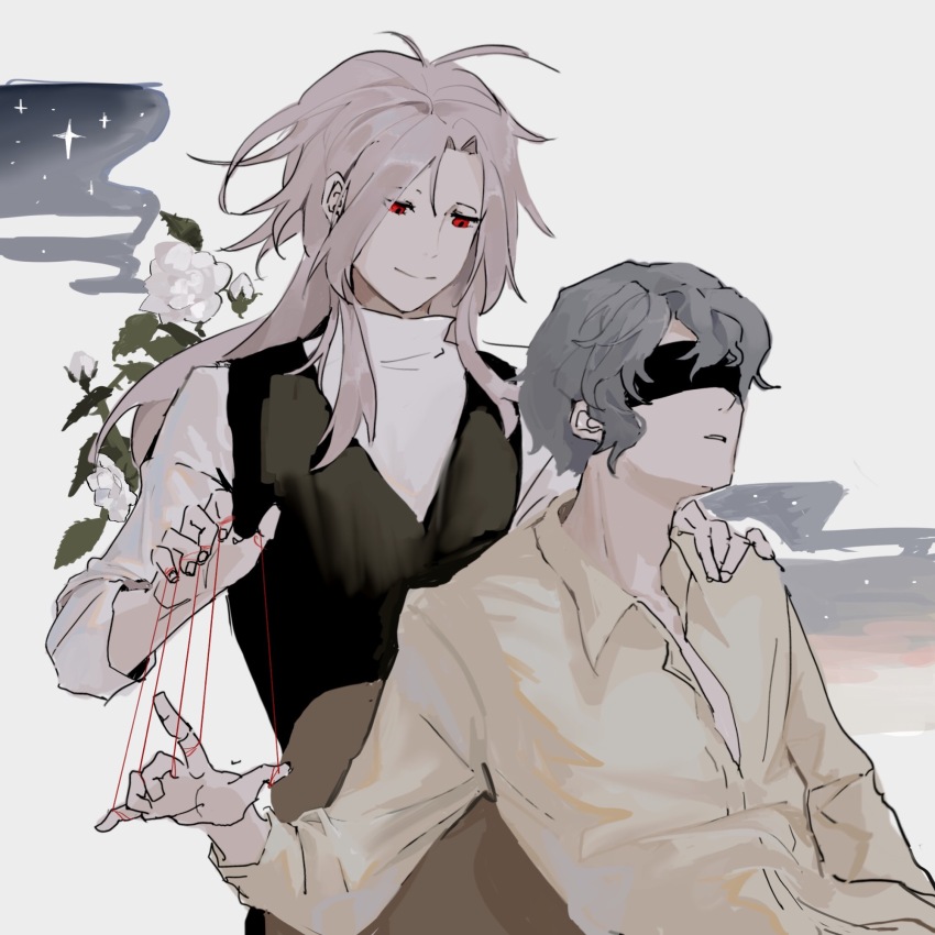 2boys antenna_hair black_blindfold black_vest blindfold cat&#039;s_cradle chinese_commentary closed_mouth collared_shirt commentary_request grey_hair hand_on_another&#039;s_shoulder hatsutori_hajime highres long_hair long_sleeves male_focus multiple_boys parted_bangs parted_lips partially_unbuttoned pink_hair red_eyes saibou_shinkyoku shirt short_hair smile utsugi_noriyuki vest vihua6 white_shirt yellow_shirt