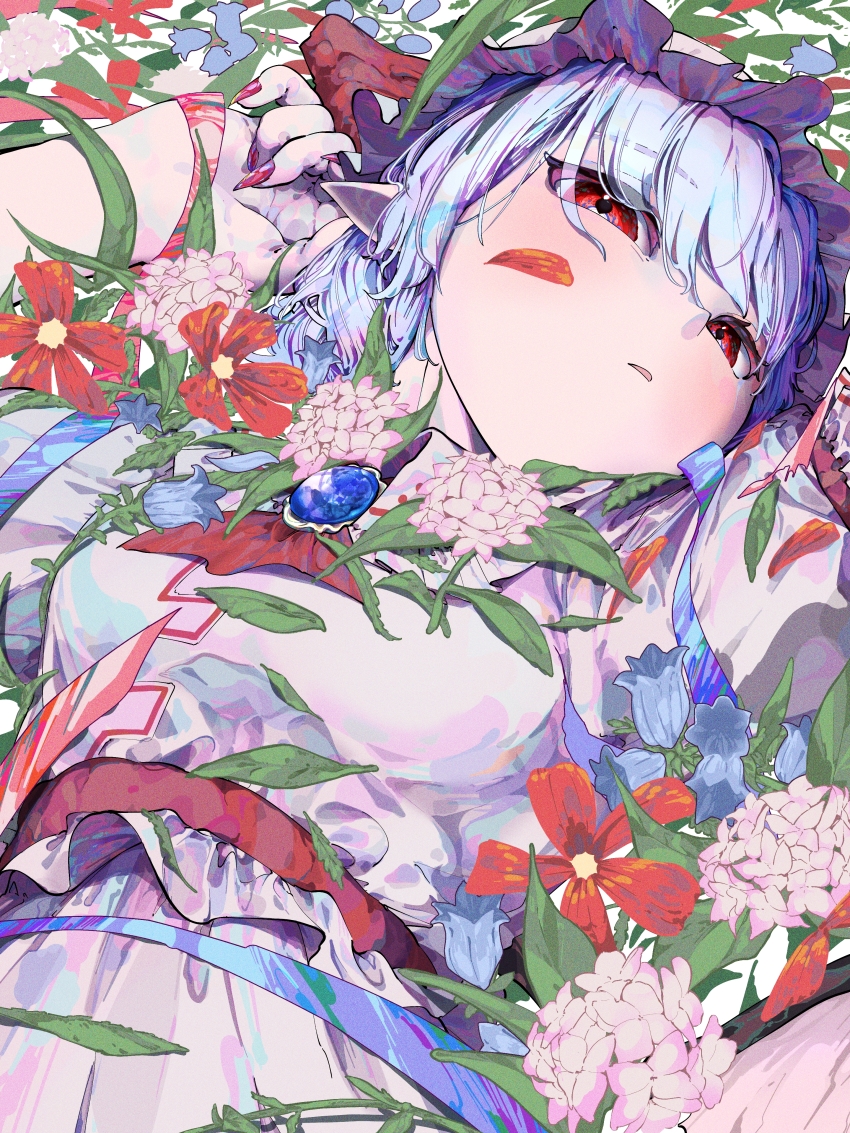 1girl absurdres ascot bat_wings blue_hair brooch commentary_request falling_petals fingernails flower grass hat highres jewelry leaf long_fingernails looking_at_viewer lying mob_cap on_back on_grass open_mouth petals pink_hat pink_shirt pink_skirt pointy_ears puffy_short_sleeves puffy_sleeves red_ascot red_eyes red_nails remilia_scarlet sharp_fingernails shirt short_hair short_sleeves skirt skirt_set solo touhou wings yuara