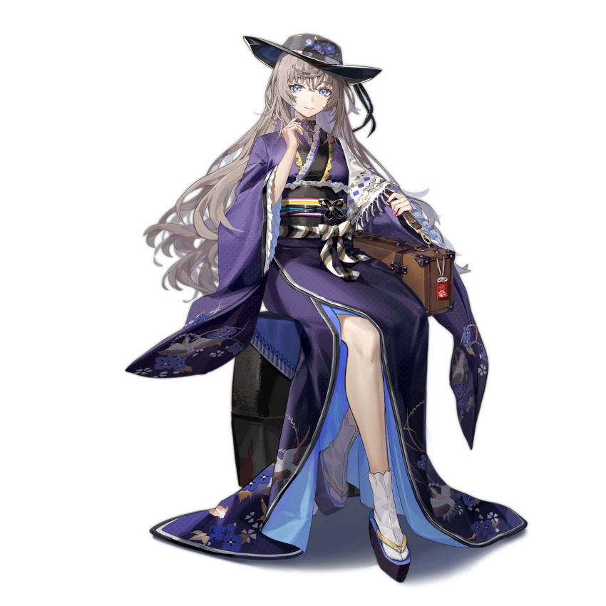 1girl animal_print bird_print black_hat black_sash blue_eyes brown_hair closed_mouth fingernails floral_print floral_print_kimono full_body fx-05_(girls&#039;_frontline) fx-05_(journey_among_the_stars)_(girls&#039;_frontline) girls&#039;_frontline hat highres holding holding_suitcase japanese_clothes kimono long_hair long_sleeves looking_at_viewer miyazakisoul obi official_alternate_costume official_art okobo omamori pink_nails platform_sandals print_headwear print_kimono purple_kimono sandals sash shawl simple_background sitting smile socks solo suitcase tabi third-party_source transparent_background two-sided_fabric very_long_hair white_shawl white_socks wide_brim wide_sleeves