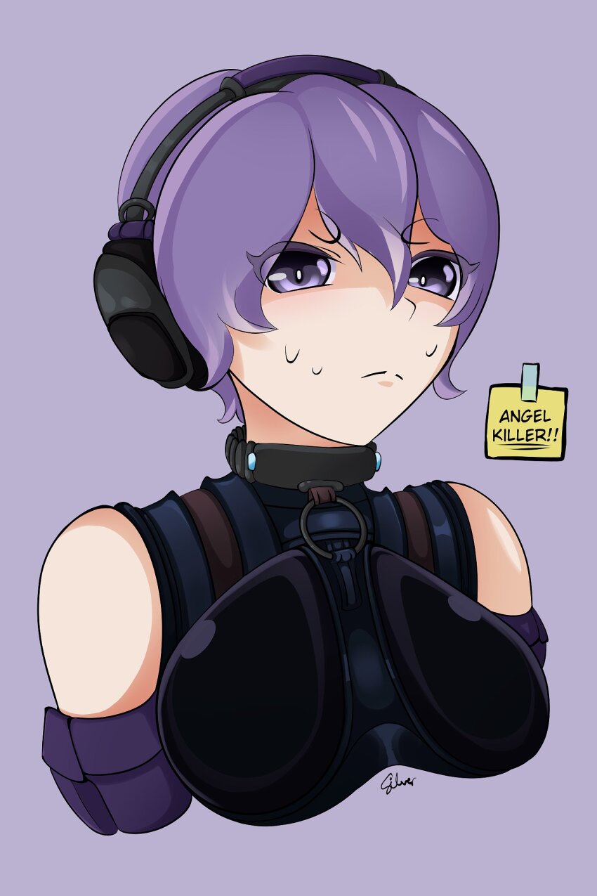 1girl beyond_citadel breasts closed_mouth english_text female_focus frown hair_between_eyes highres large_breasts martyr_(the_citadel) matching_hair/eyes purple_eyes purple_hair signature simple_background sivler4 solo solo_focus sticky_note sweat the_citadel