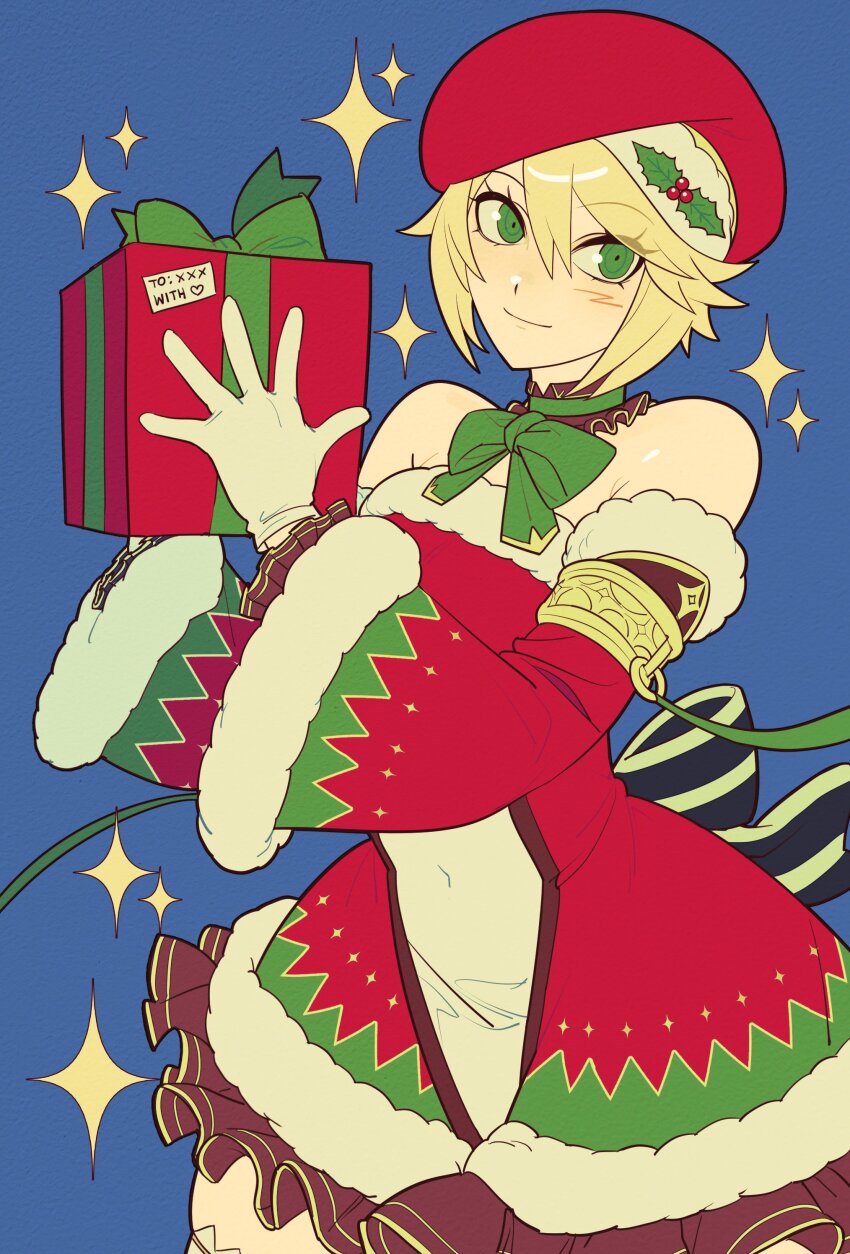 1girl absurdres back_bow bare_shoulders blazblue blazblue_alternative:_dark_war blonde_hair blue_background bow bowtie box christmas covered_navel detached_collar detached_sleeves dress fur_trim galadysp gift gift_box gloves green_bow green_bowtie green_eyes green_ribbon highres holding holding_gift light_blush mistletoe noel_vermillion official_alternate_costume red_headwear ribbon santa_costume shoulder_ribbon simple_background smile solo sparkle thighhighs upper_body white_gloves wide_hips wide_sleeves zettai_ryouiki