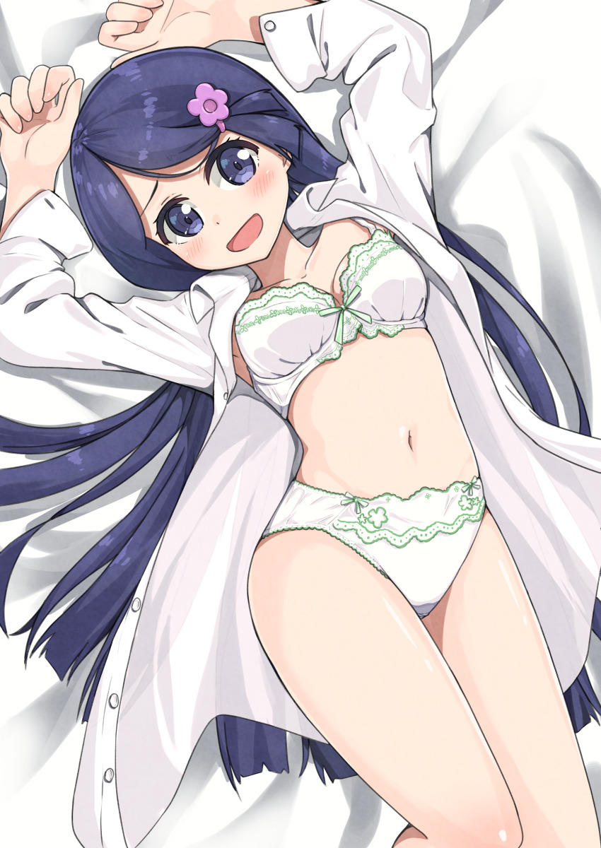 1girl absurdres arms_up blue_eyes blue_hair blush bow bow_bra bow_panties bra breasts crotch_seam fennel_(pokemon) green_bow highres lying medium_breasts navel negimiso1989 nintendo on_back open_clothes open_mouth open_shirt panties pokemon pokemon_bw shirt smile solo stomach underwear white_bra white_panties white_shirt