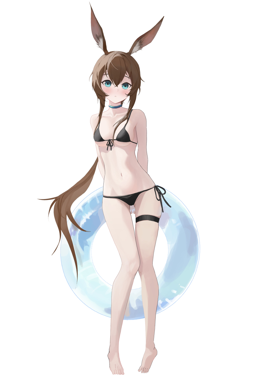 1girl absurdres amiya_(arknights) animal_ears aqua_collar aqua_eyes arknights bikini black_bikini blush breasts brown_hair chinese_commentary collar collarbone commentary full_body groin hair_between_eyes highres innertube liaozhaimao2007 long_hair looking_at_viewer medium_breasts navel parted_lips ponytail side-tie_bikini_bottom simple_background solo standing swim_ring swimsuit very_long_hair white_background