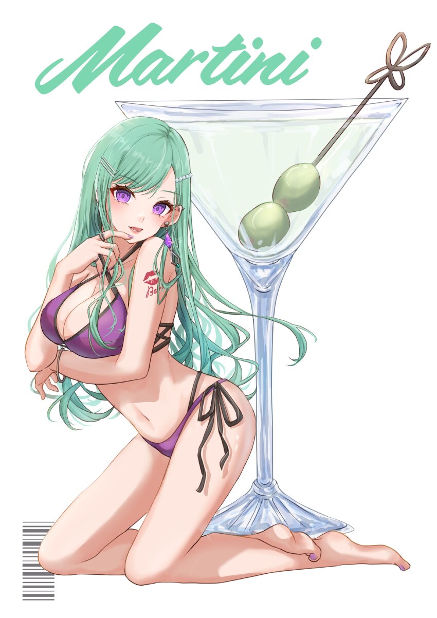 1girl absurdres arm_under_breasts barcode barefoot bikini bracelet breasts character_name cocktail_glass criss-cross_halter cup drinking_glass ear_piercing earrings finger_to_mouth full_body green_hair hair_behind_ear hair_ornament hairclip halterneck highres jewelry kneeling large_breasts lipstick_mark_tattoo long_hair looking_at_viewer martini miya_(_32miya107) mole mole_on_breast multi-strapped_bikini_bottom nail_polish olive open_mouth oversized_object piercing purple_eyes purple_nails ring shoulder_tattoo side-tie_bikini_bottom single_earring solo stomach swept_bangs swimsuit tattoo toenail_polish toenails very_long_hair virtual_youtuber vspo! white_background yakumo_beni