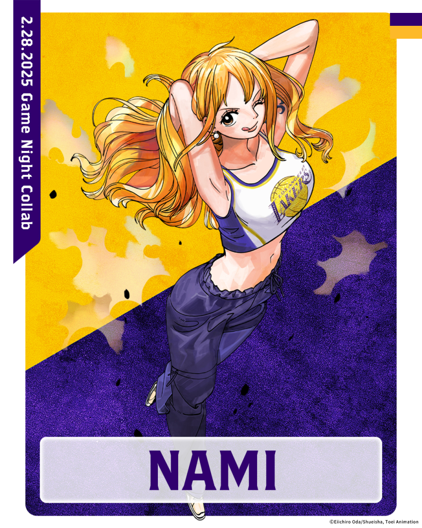 1girl ;q arm_tattoo armpits arms_up artist_request breasts brown_eyes character_name crop_top dancer dated drawstring earrings from_above full_body highres jewelry large_breasts looking_at_viewer los_angeles_lakers midriff nami_(one_piece) national_basketball_association navel official_art one_eye_closed one_piece orange_hair pants pearl_earrings print_shirt promotional_art purple_pants shirt solo stomach tattoo tongue tongue_out