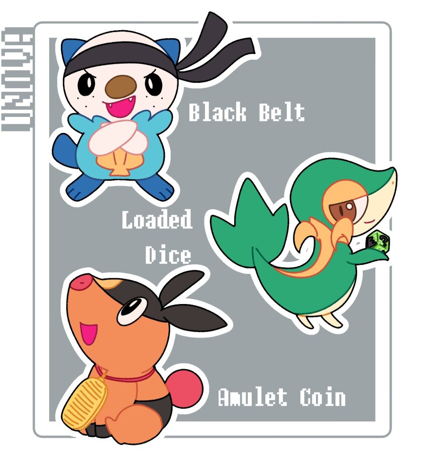 :d amulet_coin animal_focus animal_hands belt black_belt black_eyes black_hairband blue_fur border brown_eyes coin fangs full_body gen_5_pokemon grey_background hairband highres loaded_dice_(pokemon) looking_at_viewer nintendo no_humans nose_poke000 open_mouth oshawott pig pokemon pokemon_(creature) simple_background smile snake snivy standing starter_pokemon_trio tepig white_border
